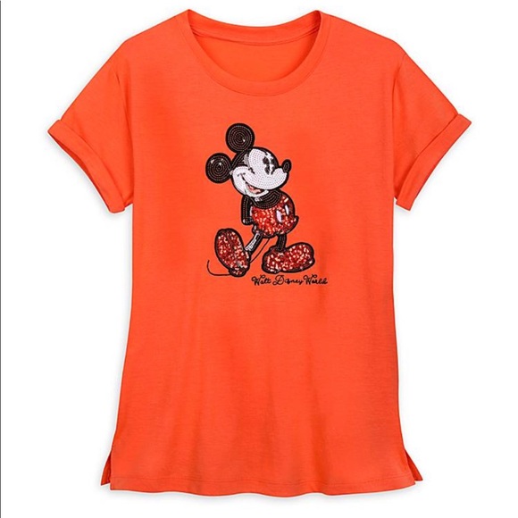Disney Tops - Mickey Mouse Sequined T-Shirt for Women – Coral